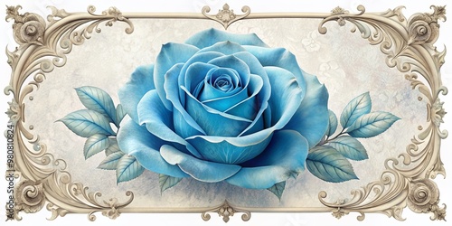 Delicate blue rose adorned with soft, velvety petals lies against a pristine white backdrop, surrounded by an intricately designed, antique-inspired floral border.