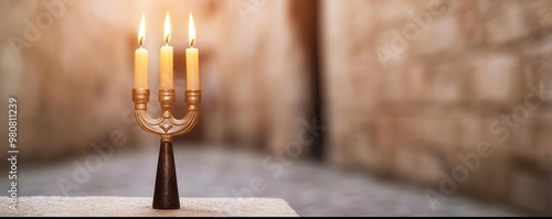 Closeup of traditional Hanukkah menorah with glowing candles in a window, against the backdrop of a festive street in Jerusalem, Israel photo