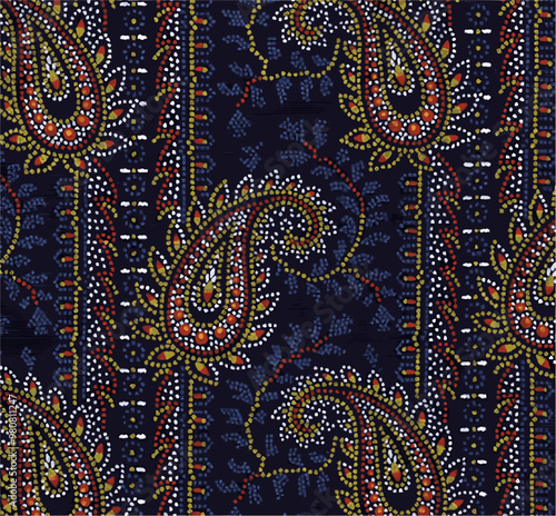 Colorful paisley pattern made of dots on a black background, resembling pointillism or aboriginal dot painting.