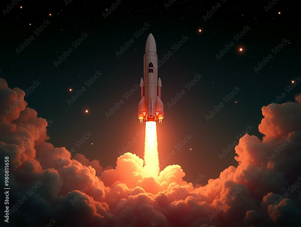 Fototapeta premium Space rocket launch, ship. Spaceship takes off in the starry sky. Rocket space ship