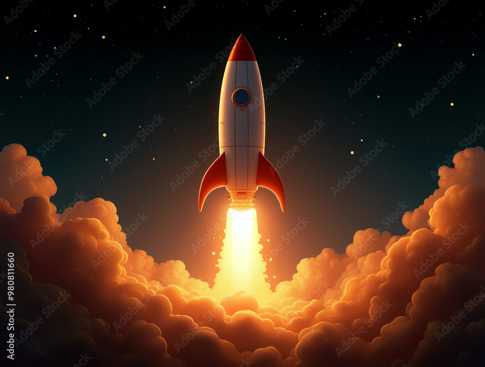 Fototapeta premium Space rocket launch, ship. Spaceship takes off in the starry sky. Rocket space ship