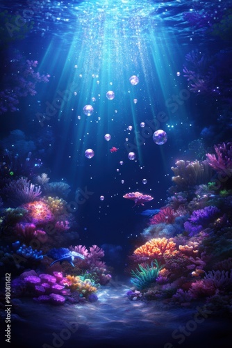 A vibrant underwater scene teeming with floating orbs of light