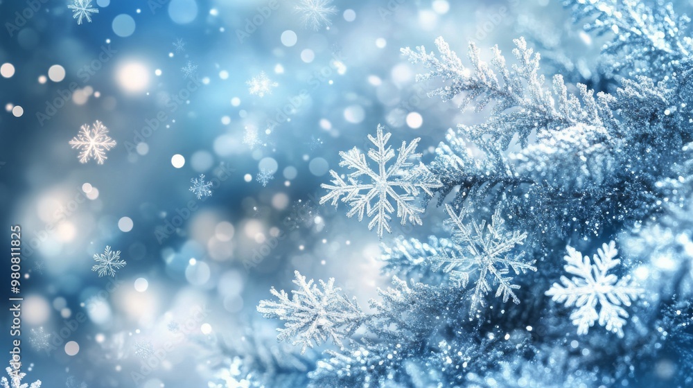 Snowflakes gently falling on a snow-covered landscape during a tranquil winter day Snowflakes gently falling on a snow-covered landscape during a tranquil winter day