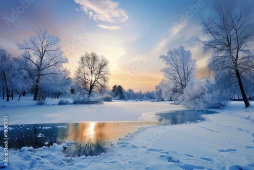 Snow-covered trees by a frozen river at sunrise. Winter landscape with serene and peaceful atmosphere.