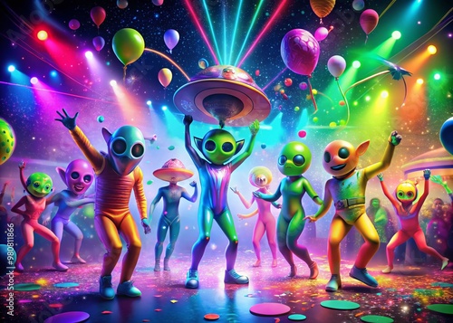 A vibrant, extraterrestrial party scene with colorful aliens laughing, dancing, and having intergalactic fun with