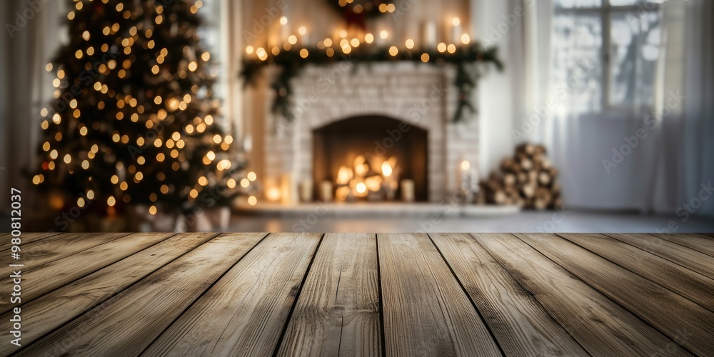 Empty wooden table top with blurred background of interior decorated for Christmas fireplace christmas tree. Empty wooden table top with blurred background of interior decorated for Christmas fireplace christmas tree.