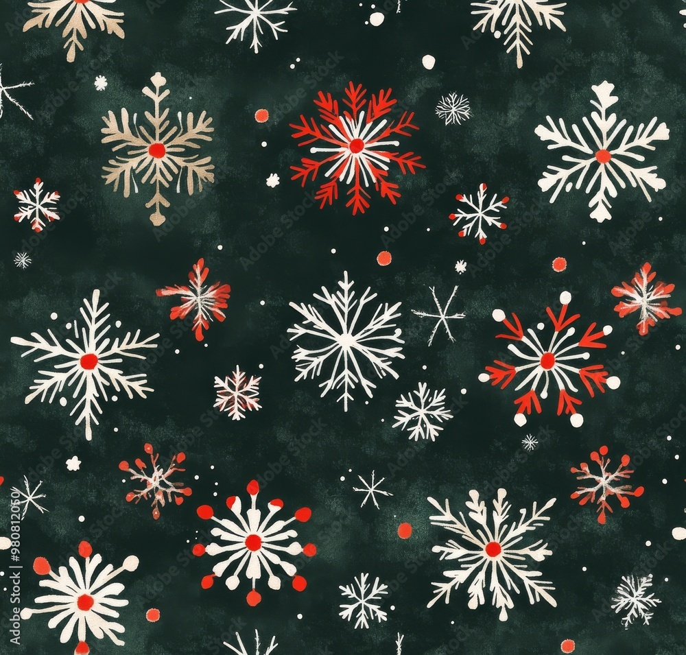 Colorful snowflakes create a festive pattern on a dark green background perfect for winter decor Colorful snowflakes create a festive pattern on a dark green background perfect for winter decor