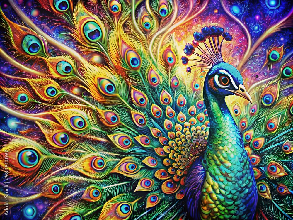 Fototapeta premium Vibrant abstract modern art collage portrait of a majestic peacock with iridescent feathers, swirling shapes, and mesmerizing patterns, created using AI generative techniques.