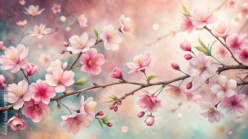Delicate pink cherry blossoms unfold on a soft, dreamy watercolor background, framed by intricate illustrations, evoking a sense of serene Japanese elegance and springtime beauty.
