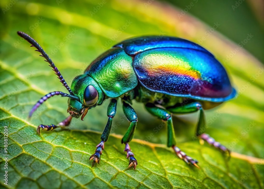 A vibrant, metallic blue beetle with iridescent wings perches on a lush green leaf, its shiny body glistening A vibrant, metallic blue beetle with iridescent wings perches on a lush green leaf, its shiny body glistening