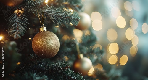 Golden ornaments hang on a beautifully decorated Christmas tree with warm lights shining