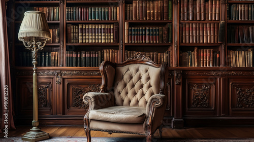 A vintage Victorian sitting room featuring a plush armchair, a brass floor lamp, and a large, intricately carved bookcase filled with old leather-bound books