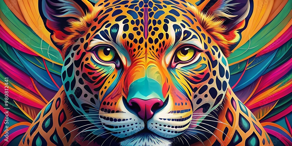 A vibrant, whimsical illustration of a majestic jaguar's face with bold lines, bright colors, and playful textures, A vibrant, whimsical illustration of a majestic jaguar's face with bold lines, bright colors, and playful textures,