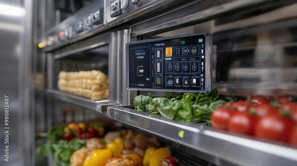 Digital display screen mounted on a commercial refrigerator showing temperature and other settings. Digital display screen mounted on a commercial refrigerator showing temperature and other settings.