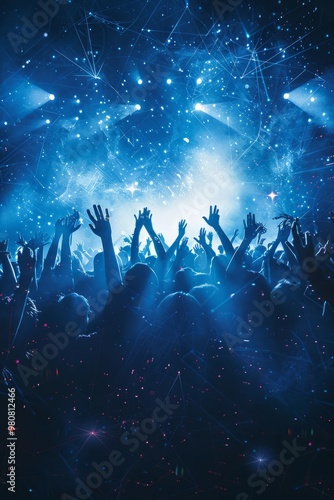Energetic crowd with raised hands enjoying a live music performance under vibrant blue lights at an evening event