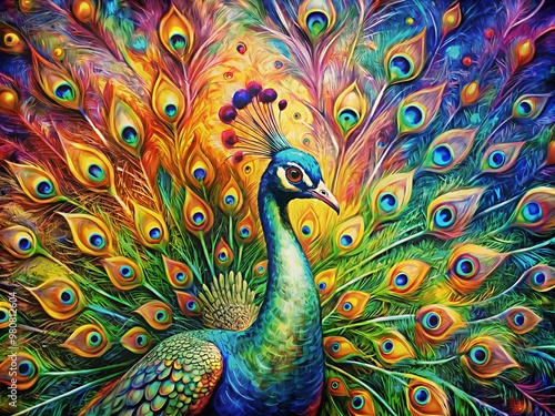 Vibrant abstract modern art collage portrait of a majestic peacock with intricate feathers, swirling shapes, and bold colors, generated using AI technology.