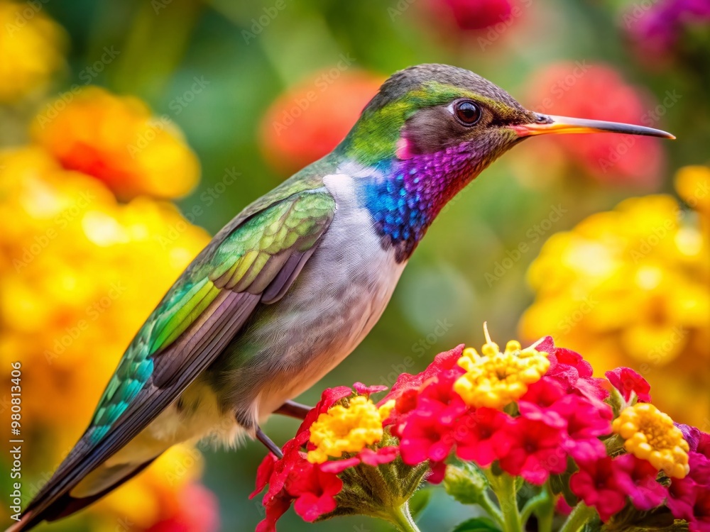 A vibrant hummingbird sips nectar from a colorful bouquet of blooming flowers, showcasing its iridescent feathers and A vibrant hummingbird sips nectar from a colorful bouquet of blooming flowers, showcasing its iridescent feathers and