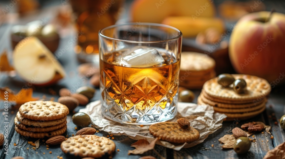 Autumn season. Rustic still life with whiskey and snacks. Crystal glass with a beautiful pattern on a wooden table. Snack for whiskey on crumpled paper olives, crackers, cheese, almonds, pear, apple. Autumn season. Rustic still life with whiskey and snacks. Crystal glass with a beautiful pattern on a wooden table. Snack for whiskey on crumpled paper olives, crackers, cheese, almonds, pear, apple.