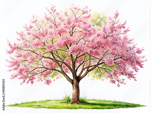 Delicate watercolor-style cherry blossom tree with vibrant pink flowers and lush green leaves against a clean white backdrop, evoking a sense of serene beauty.