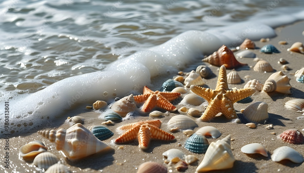 Charming beach scene featuring seashells and starfish amid gentle waves ...