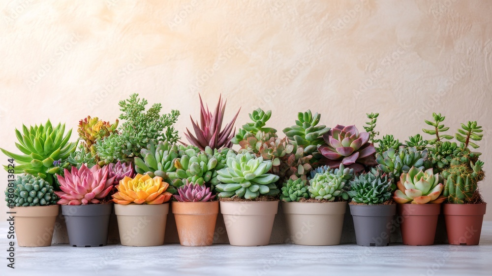 A vibrant display of various succulents arranged on a white background in natural sunlight A vibrant display of various succulents arranged on a white background in natural sunlight