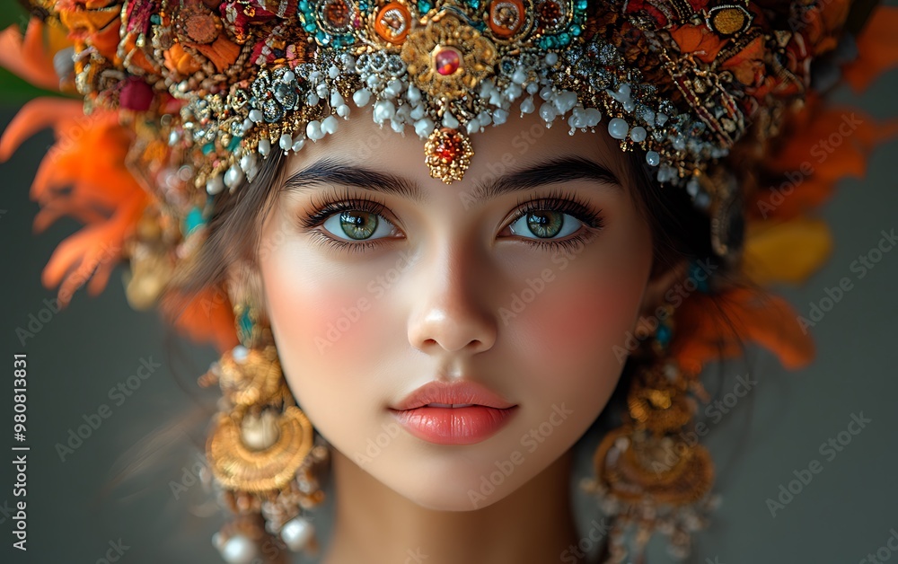 Close-up portrait of a young woman wearing a traditional Balinese headdress. Close-up portrait of a young woman wearing a traditional Balinese headdress.