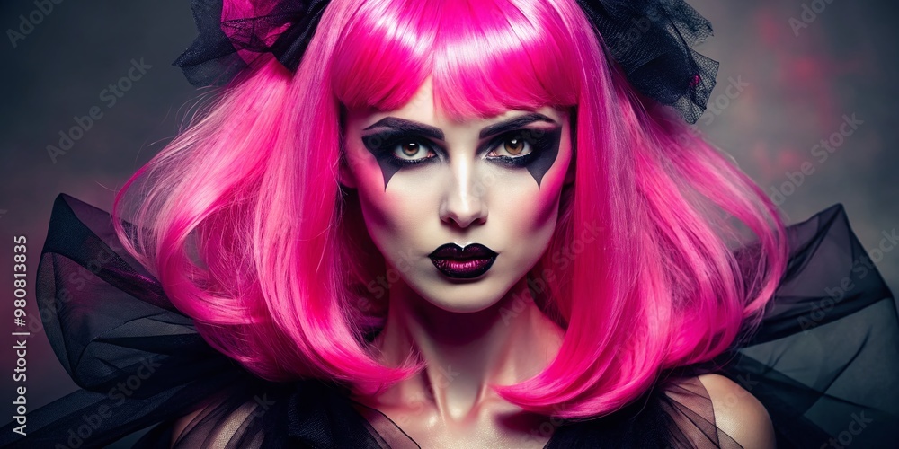 Obraz premium A vibrant pink wig adorns a woman's head, paired with a spooky-chic Halloween costume featuring a black tutu