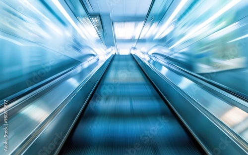 Blurred escalator moving upwards with blue lighting. Abstract motion and speed concept for modern design.