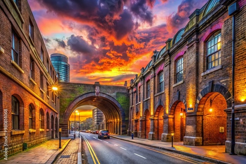 A vibrant sunset illuminates the imposing Victorian-era Bermondsey Street tunnel, its ornate brickwork and industrial photo