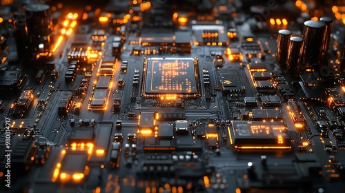 Futuristic Circuit Board with Glowing Orange Lines Futuristic Circuit Board with Glowing Orange Lines