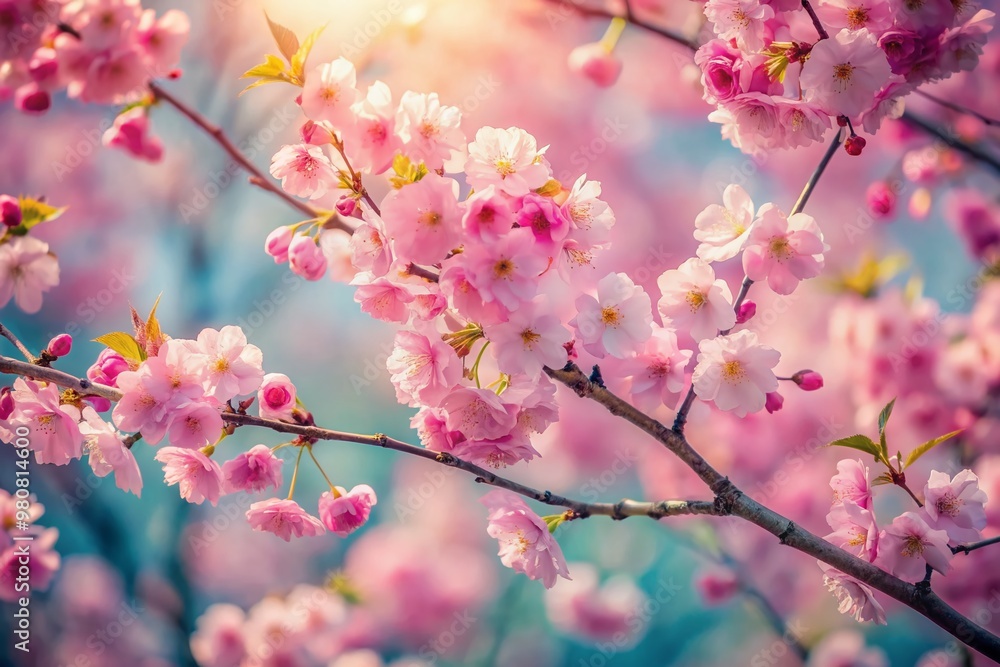 Fototapeta premium Delicate pink cherry blossoms unfurl on branches, softly blending with gentle watercolor hues, creating a serene and dreamy springtime atmosphere.