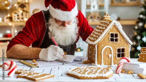 Santas Workshop Designing a Gingerbread House with Blueprints and Candy Cane Ruler for Christmas photo