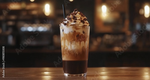 A delicious iced coffee topped with whipped cream and chocolate shavings in a cozy cafe setting