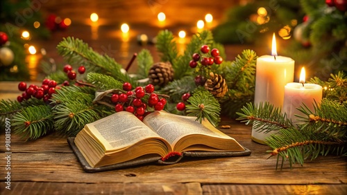 A warmly lit, ornate Bible lies open on a festive holiday table, surrounded by evergreen branches, holly, and photo