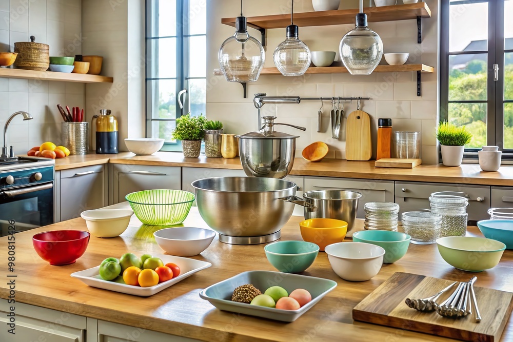 A well-organized baking station featuring a multitude of essential tools, including mixing bowls, measuring cups, A well-organized baking station featuring a multitude of essential tools, including mixing bowls, measuring cups,
