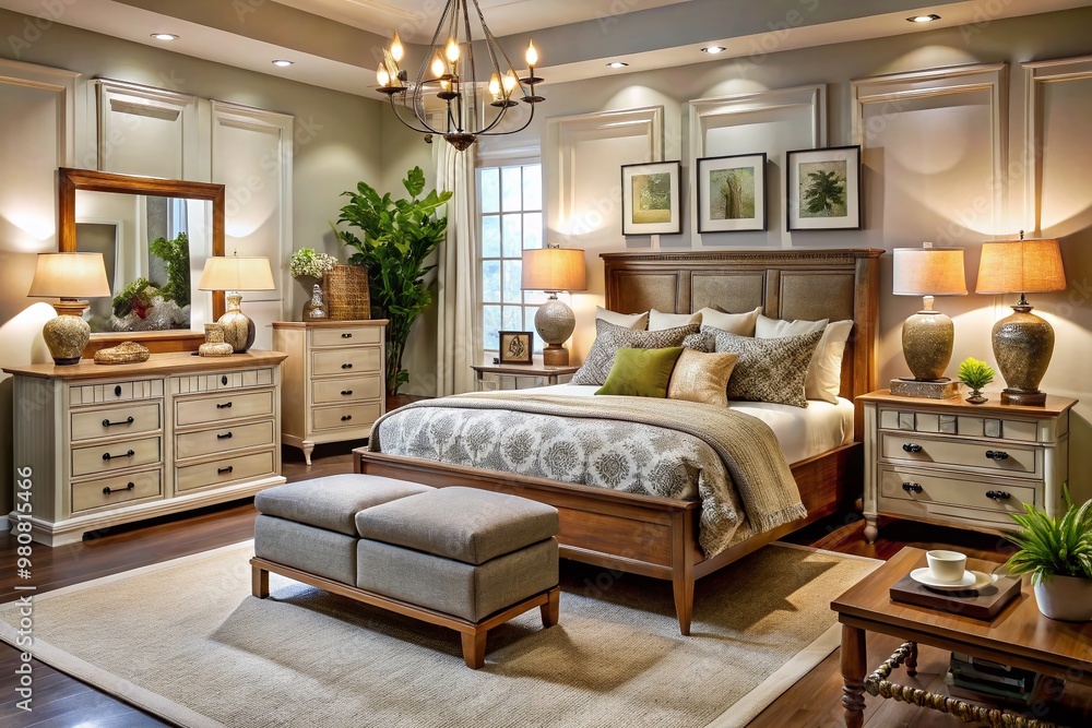 A well-organized showroom displays a variety of stylish bedroom furniture sets, including beds, dressers, and A well-organized showroom displays a variety of stylish bedroom furniture sets, including beds, dressers, and