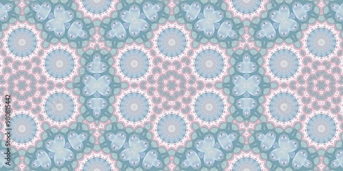 Abstract Kaleidoscope Geometry Psychedelic Art Pastel Pink Blue White Pattern Background