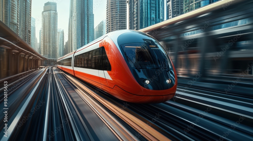 High-speed electric train moving through urban landscape High-speed electric train moving through urban landscape