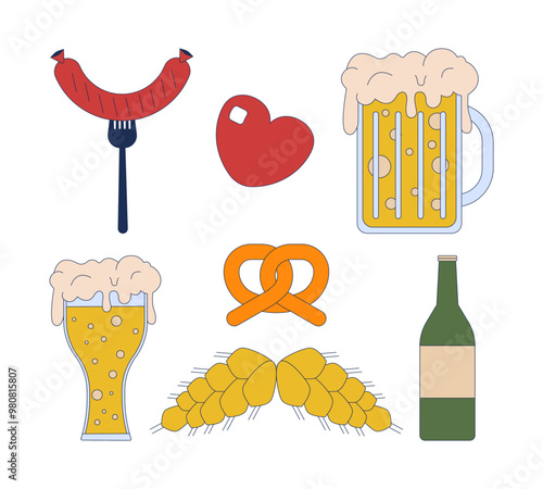 Fresh beer with snacks and ingredients 2D cartoon objects set. Oktoberfest holiday traditional attributes isolated elements flat vector cliparts on white background. Spot illustrations collection