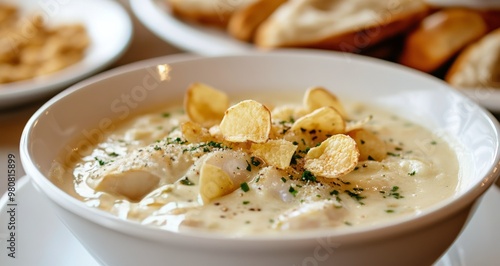 Creamy potato soup topped with crunchy chips and herbs served in a rustic bowl with bread