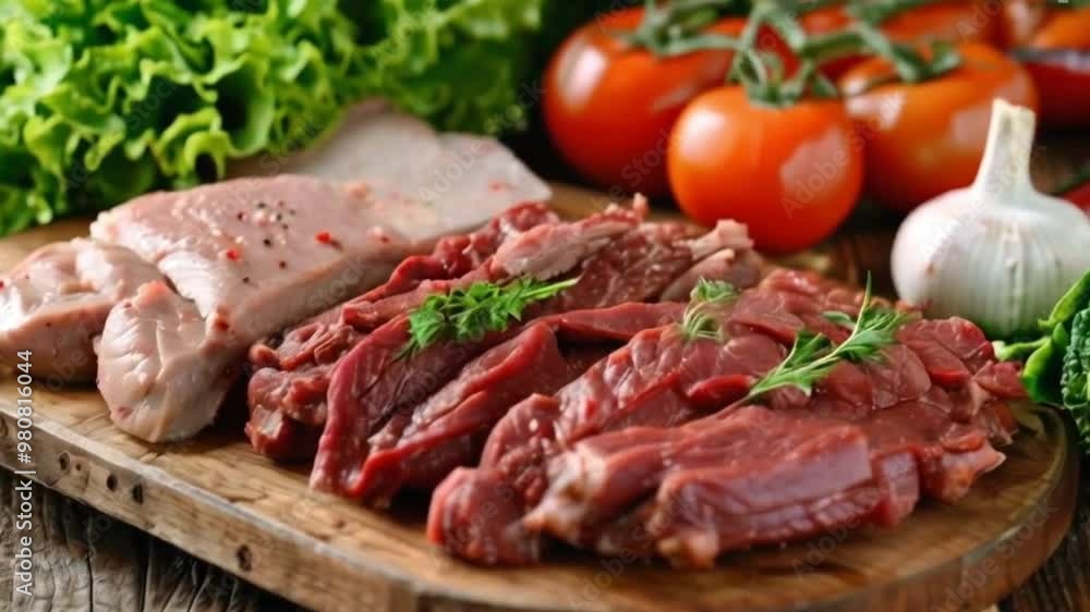 Different kinds of meat lie on wooden boards on the background of vegetables of lettuce leaves. Beef meat, chicken meat,meat, food, beef, steak, meal, dinner, grilled, plate, Different kinds of meat lie on wooden boards on the background of vegetables of lettuce leaves. Beef meat, chicken meat,meat, food, beef, steak, meal, dinner, grilled, plate,