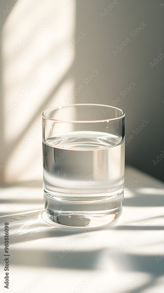 A simple glass of water reflects gentle sunlight creating soft shadows on a light surface A simple glass of water reflects gentle sunlight creating soft shadows on a light surface