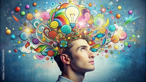 A whimsical illustration of a person's head surrounded by floating thought bubbles filled with colorful ideas, symbols, photo