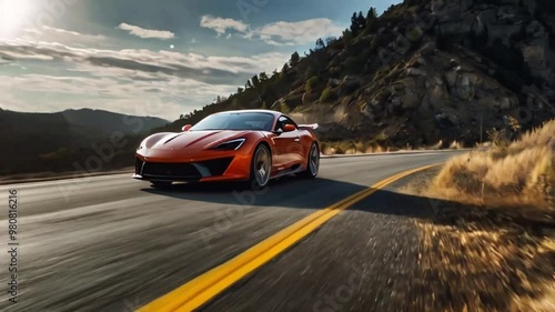 Black sports car is moving along the road at speed