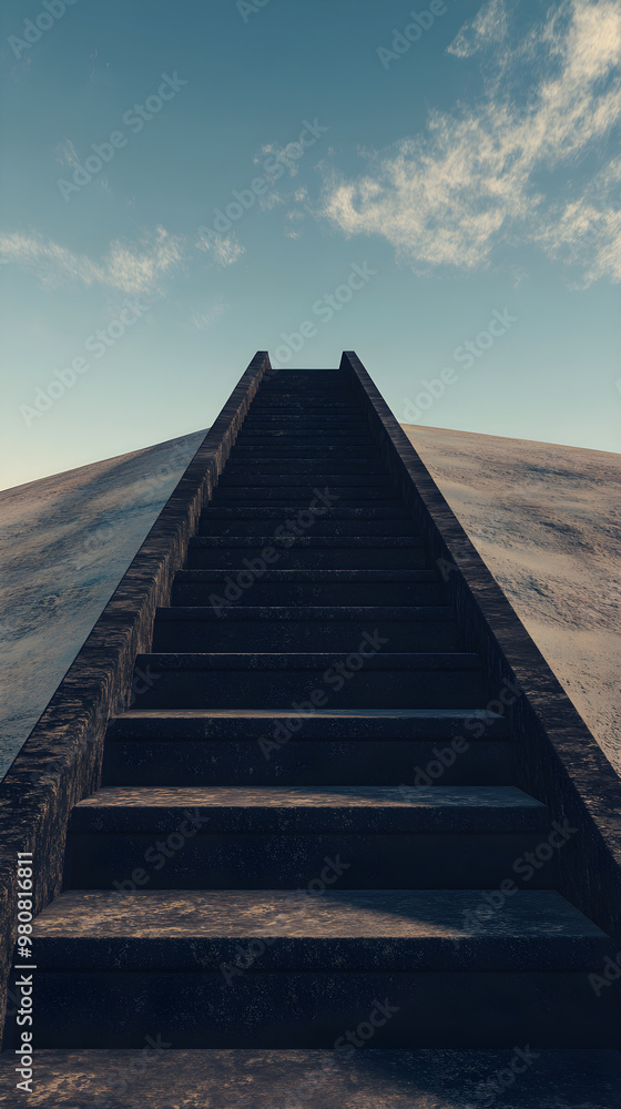 A staircase leads up into the sky, symbolizing aspiration and growth against a backdrop of clouds and blue sky A staircase leads up into the sky, symbolizing aspiration and growth against a backdrop of clouds and blue sky
