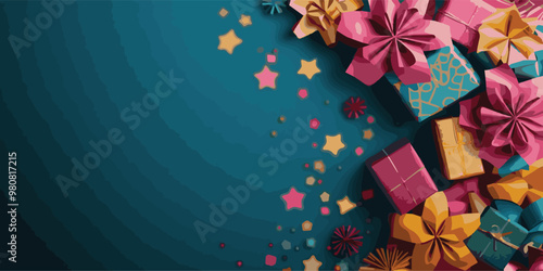 Vibrant arrangement of colorful gifts and decorative elements, perfect for celebrating joy of giving Ideal for holiday greetings, invitations, and seasonal festivities