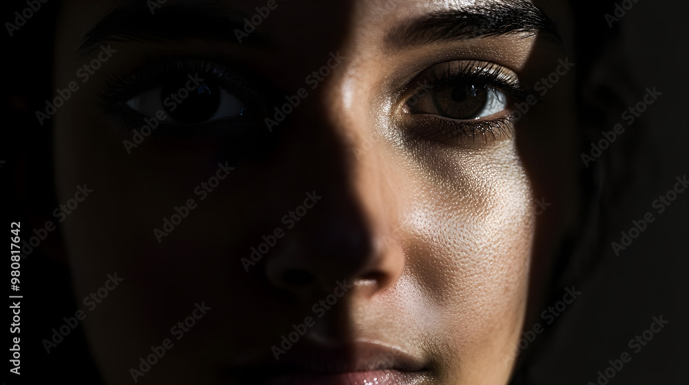 A close-up of a person's face partially illuminated, with one side in shadow highlighting the contrasting textures and emotions in their gaze A close-up of a person's face partially illuminated, with one side in shadow highlighting the contrasting textures and emotions in their gaze