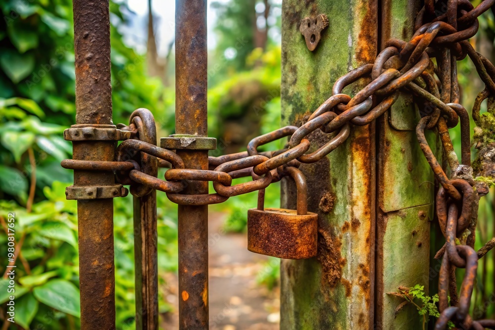 A worn, rusty chain and padlock securing an old, abandoned gate, conveying a sense of restriction, obstruction, and A worn, rusty chain and padlock securing an old, abandoned gate, conveying a sense of restriction, obstruction, and