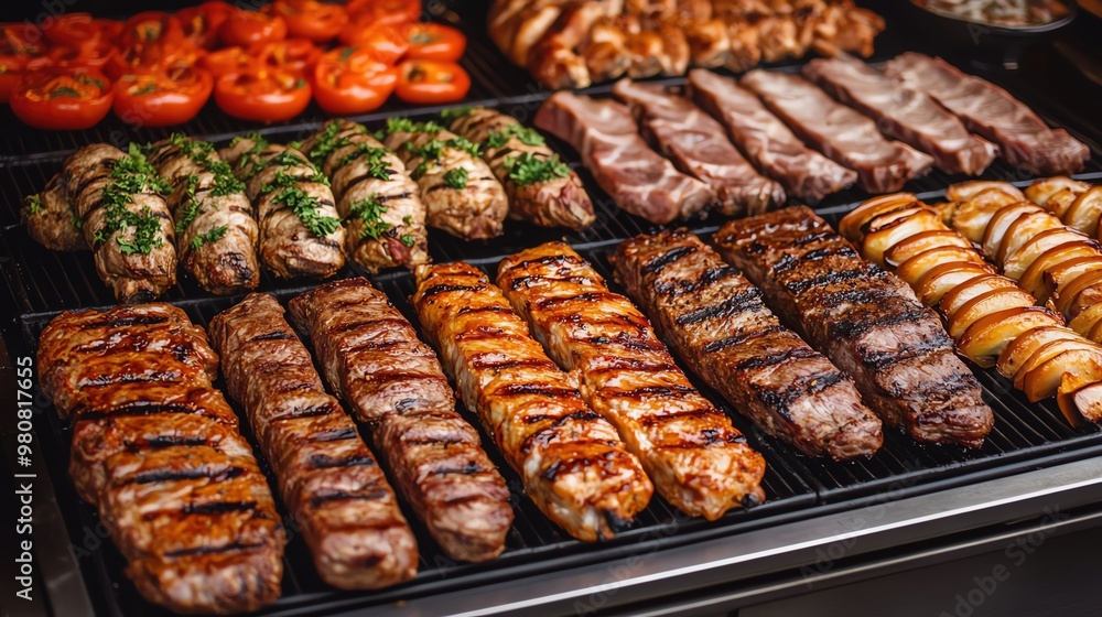 Brazilian churrasco stand, grilled meats, festive celebration, watercolor style Brazilian churrasco stand, grilled meats, festive celebration, watercolor style