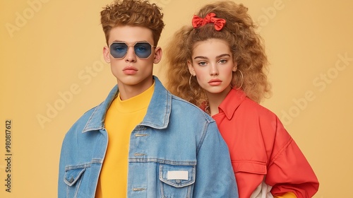 90s Retro Style: A fashion-forward couple strikes a pose in vibrant 90s-inspired attire. The man sports a blue denim jacket, yellow turtleneck, and stylish sunglasses